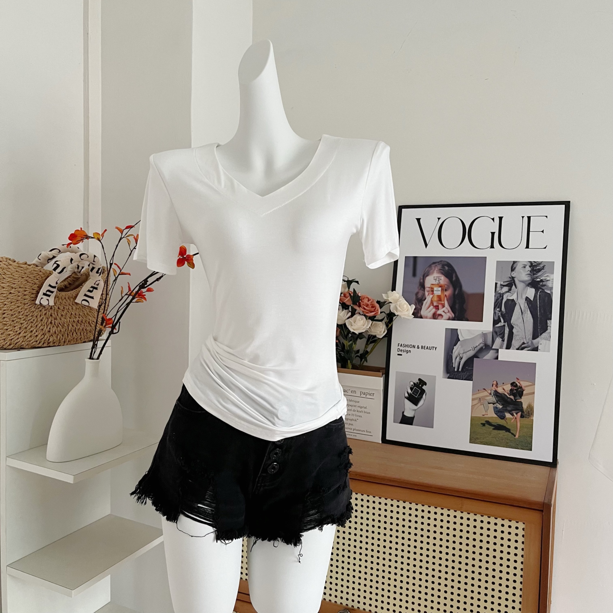 YOLO SHOP White V-Neck Short Sleeve Women's Summer T-Shirt - Image 2