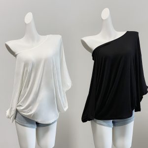 Women's Loose Batwing Sleeve Boat Neck Ruffle Knit Top White