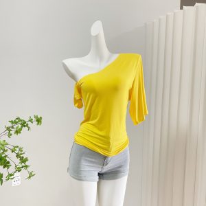 Women's Off-Shoulder Short Sleeve T-Shirt Summer Cotton Loose Slimming Asymmetric Top