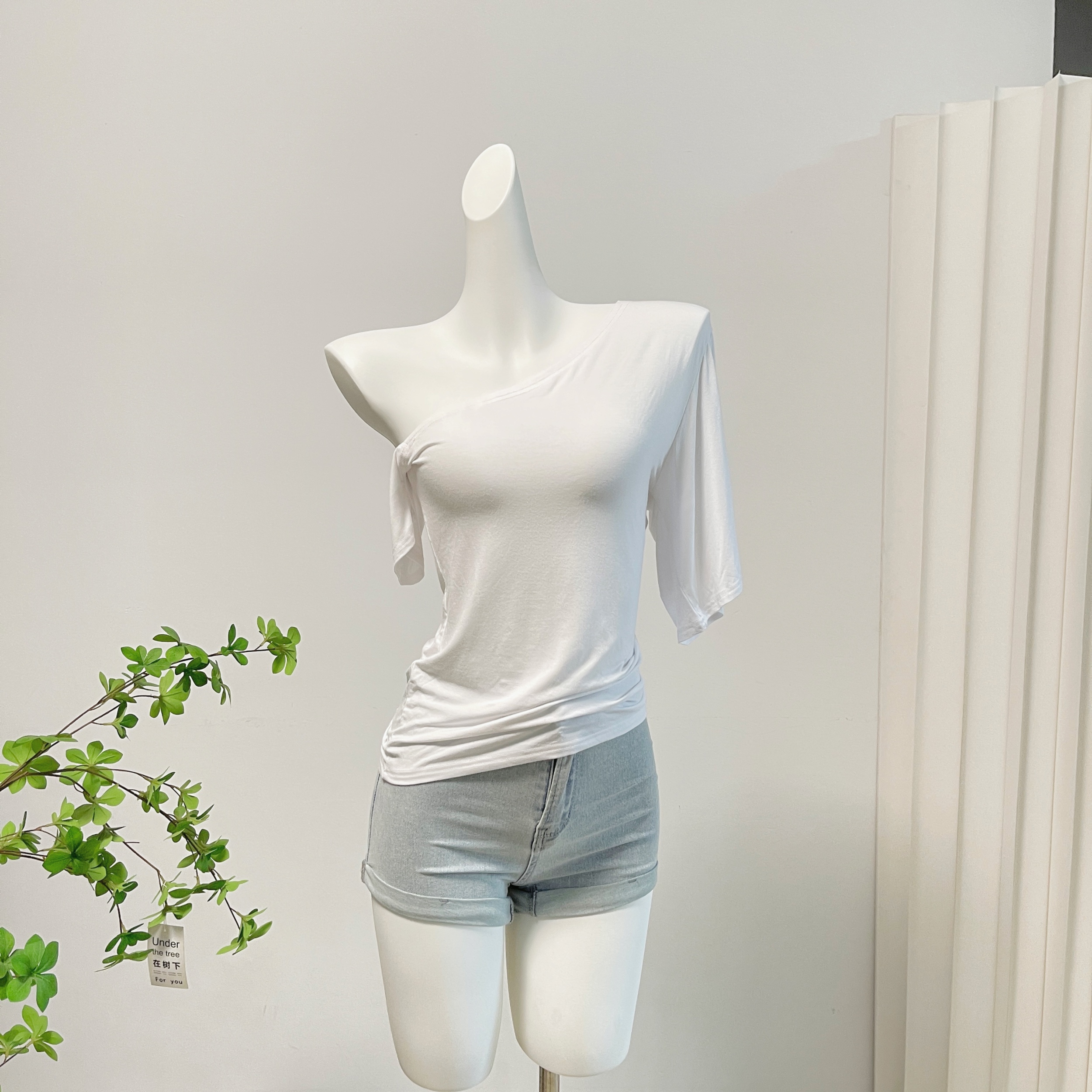bewithRosey Women's Off-Shoulder Irregular Slant Neck T-Shirt Cotton Slim Fit Summer Top - Image 2