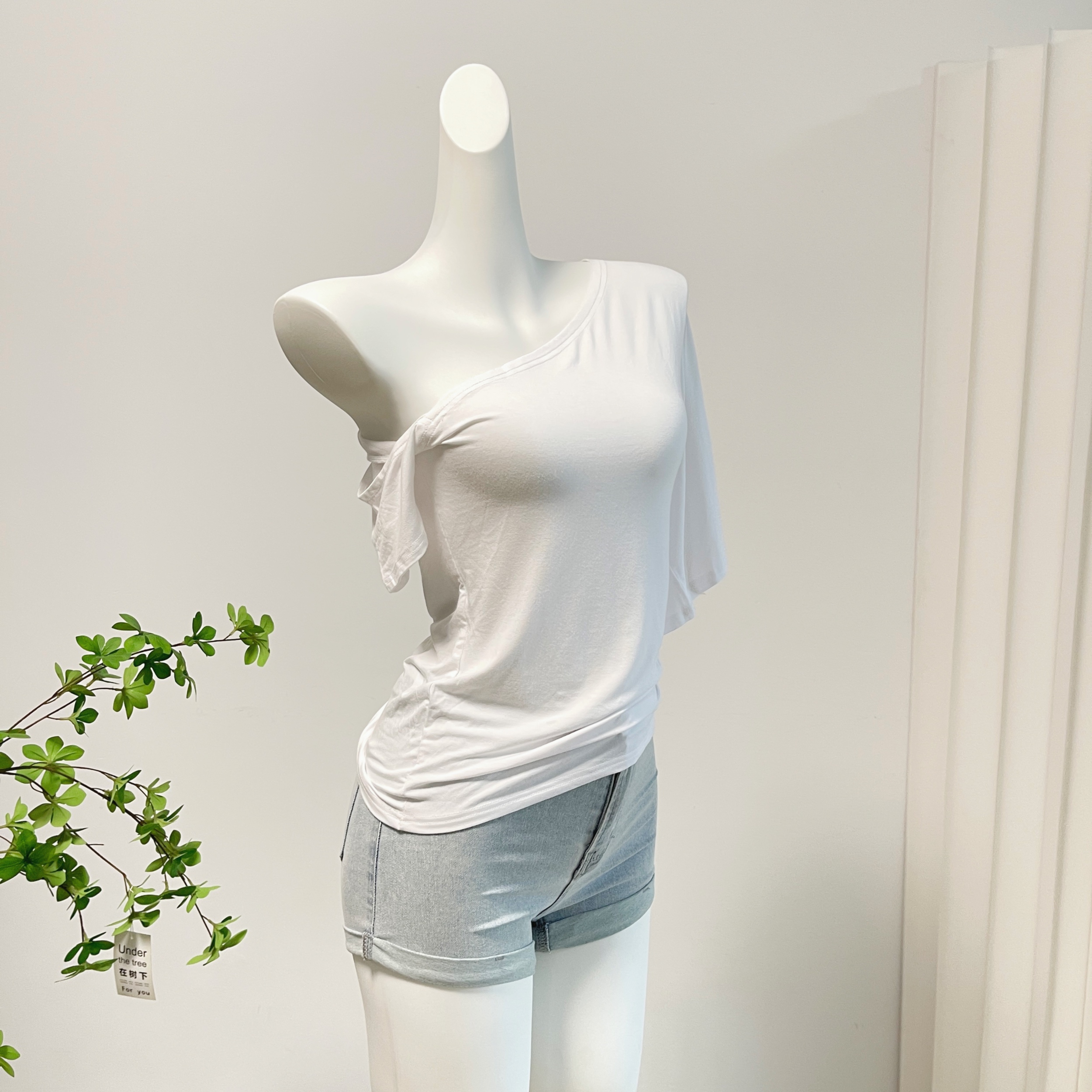 bewithRosey Women's Off-Shoulder Irregular Slant Neck T-Shirt Cotton Slim Fit Summer Top - Image 3