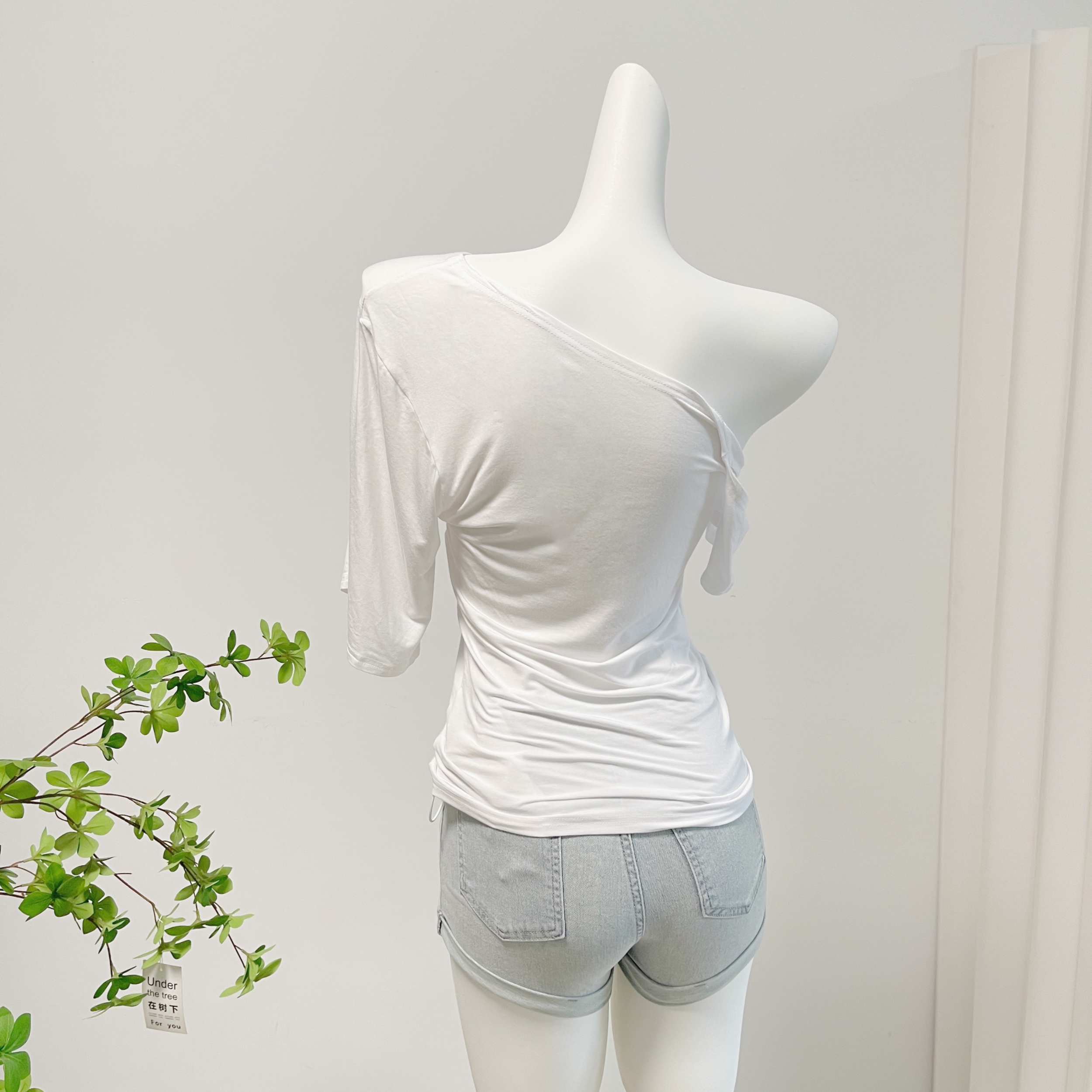 bewithRosey Women's Off-Shoulder Irregular Slant Neck T-Shirt Cotton Slim Fit Summer Top - Image 5