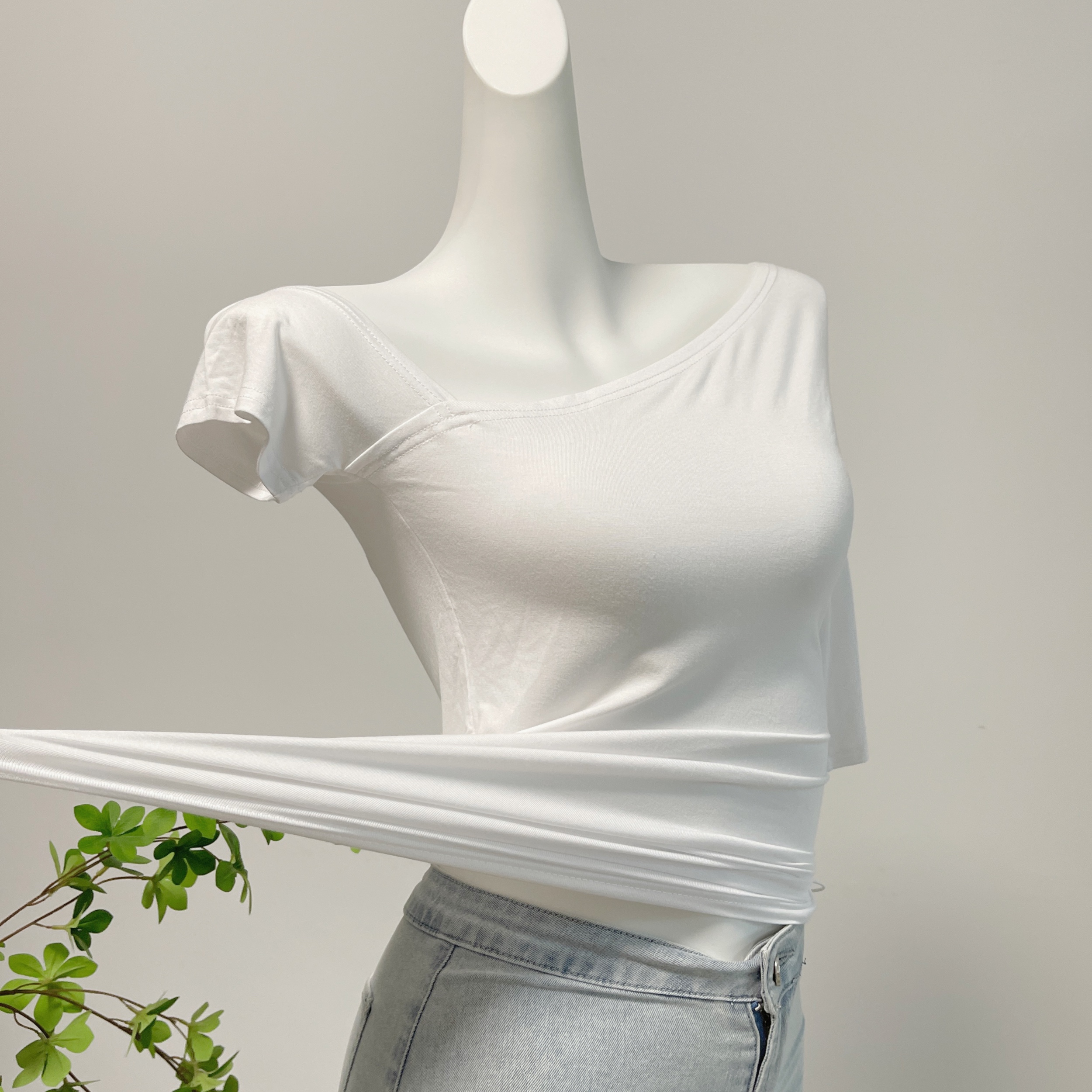 bewithRosey Women's Off-Shoulder Irregular Slant Neck T-Shirt Cotton Slim Fit Summer Top - Image 4