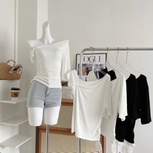 bewithRosey Women's Off-Shoulder Irregular Slant Neck T-Shirt Cotton Slim Fit Summer Top