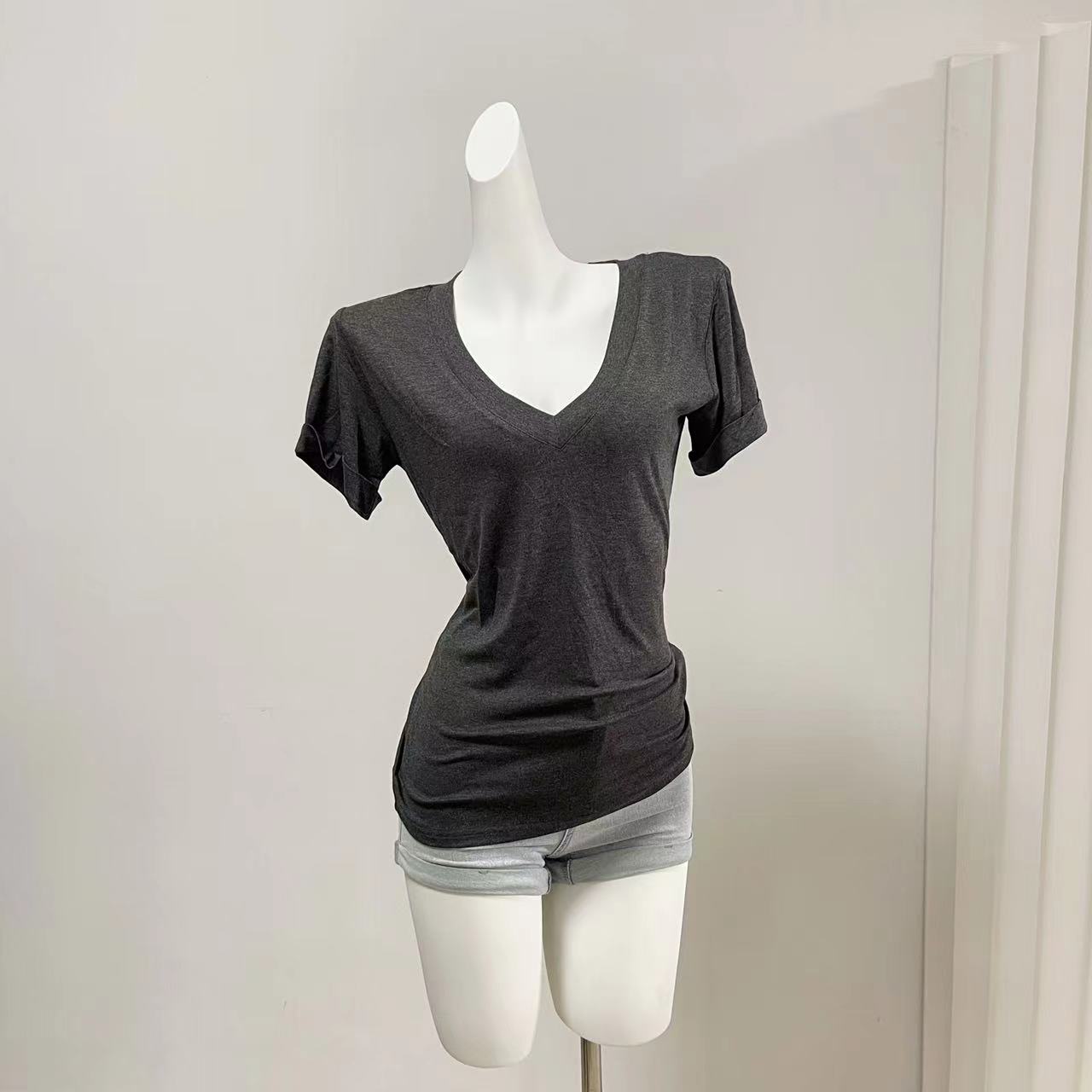 SUNONEONE Women's Summer V-Neck Cool Short Sleeve T-Shirt Loose Thin Solid Casual Top - Image 2