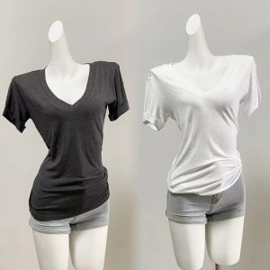 SUNONEONE Women's Summer V-Neck Cool Short Sleeve T-Shirt Loose Thin Solid Casual Top