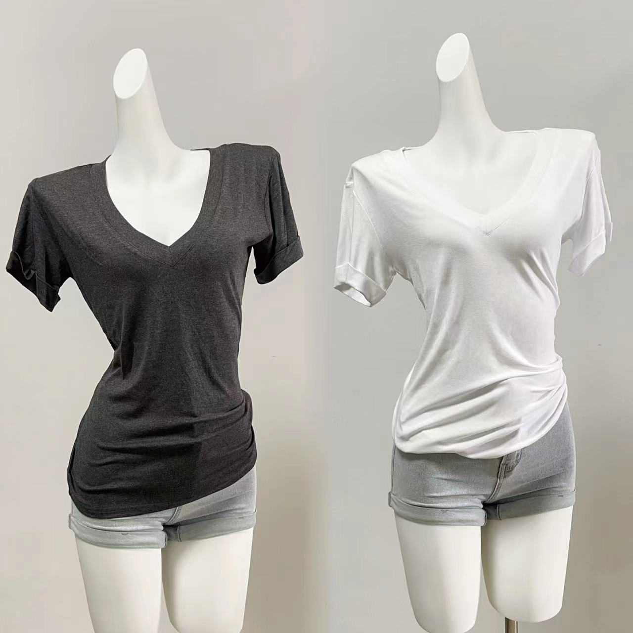 SUNONEONE Women's Summer V-Neck Cool Short Sleeve T-Shirt Loose Thin Solid Casual Top