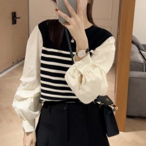Women's Colorblock Striped Two-Piece Long Sleeve Top and Pleated Skirt Set