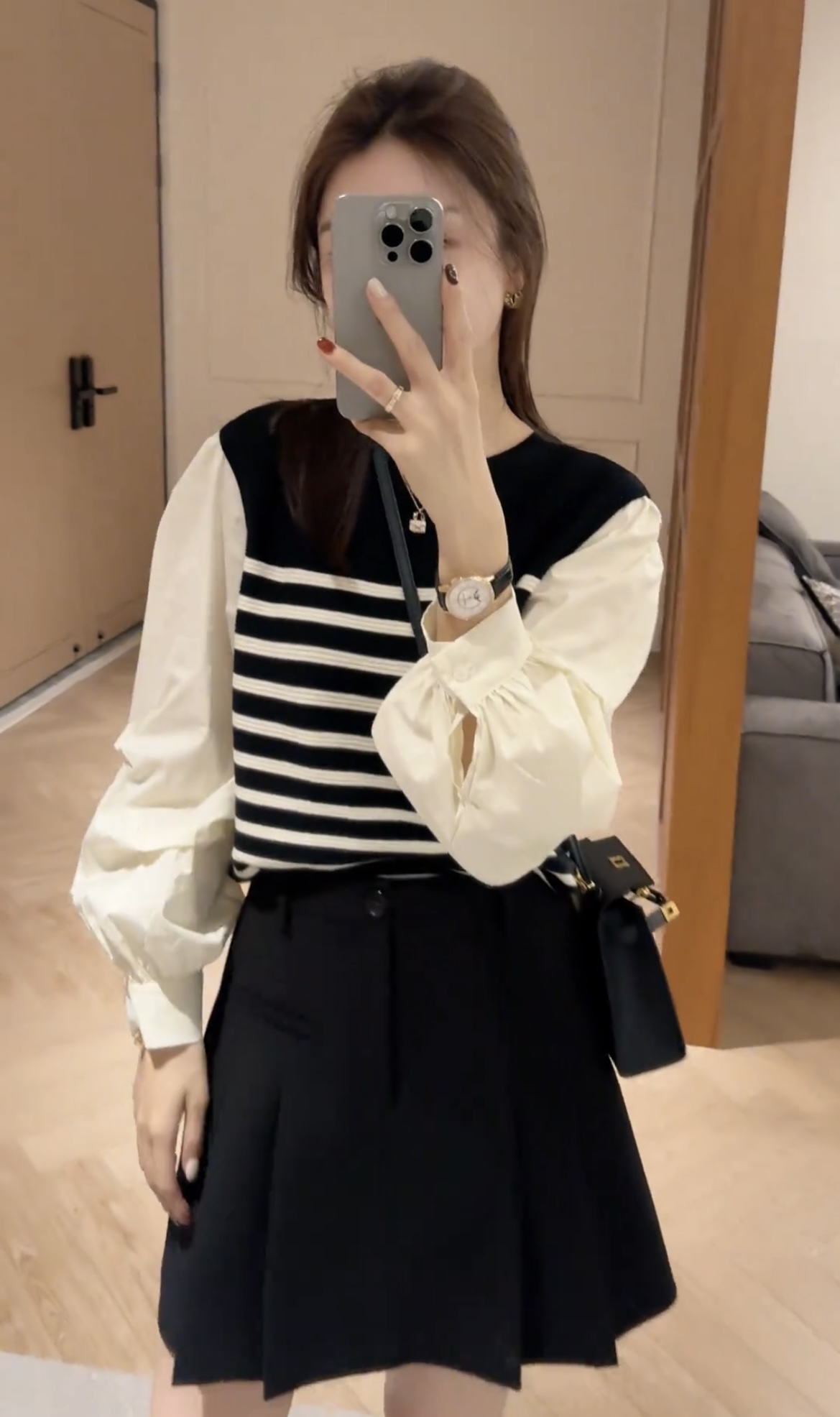 Women's Colorblock Striped Two-Piece Long Sleeve Top and Pleated Skirt Set