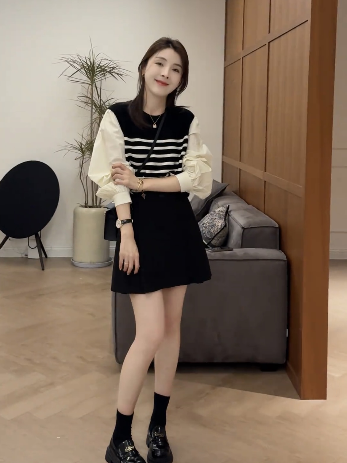 Women's Colorblock Striped Two-Piece Long Sleeve Top and Pleated Skirt Set - Image 3