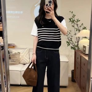 Trendy Color Block Striped Two-Piece Short Sleeve Top and Jeans Set