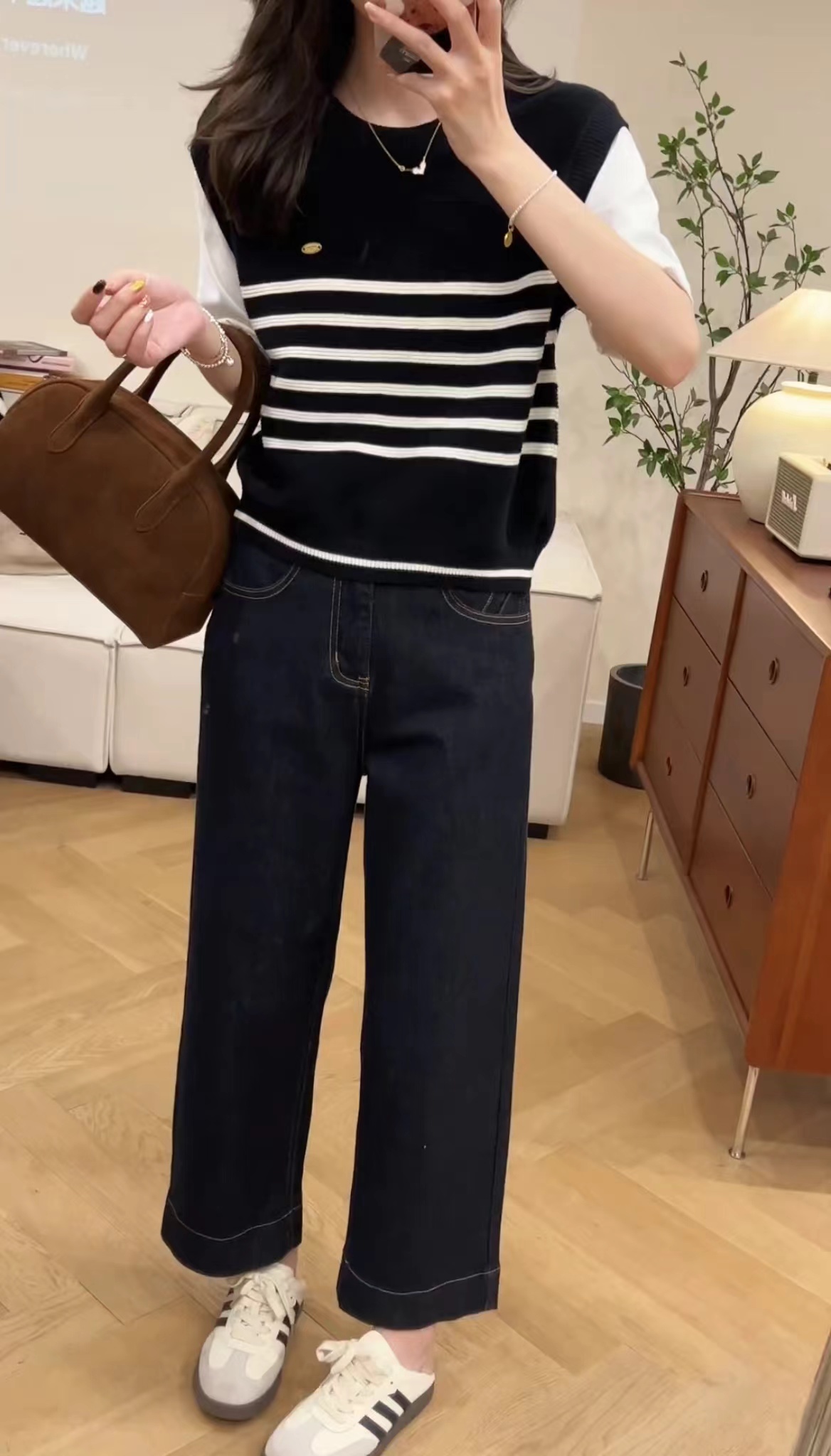 Trendy Color Block Striped Two-Piece Short Sleeve Top and Jeans Set - Image 4