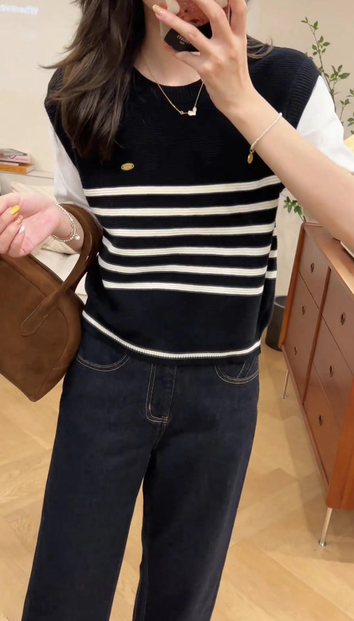 Trendy Color Block Striped Two-Piece Short Sleeve Top and Jeans Set - Image 3