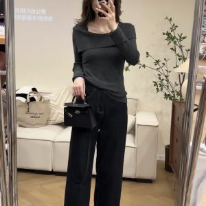 Trending Early Autumn Irregular Lapel Long Sleeve Top and Straight Jeans Two-Piece Set