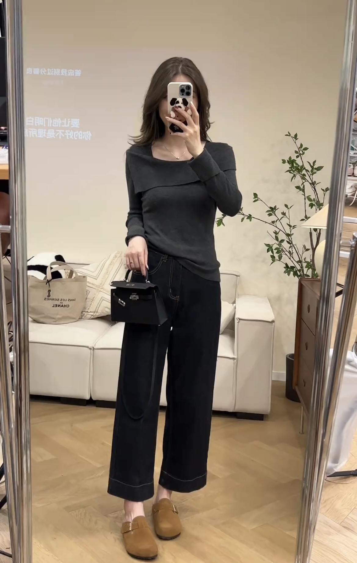 Trending Early Autumn Irregular Lapel Long Sleeve Top and Straight Jeans Two-Piece Set