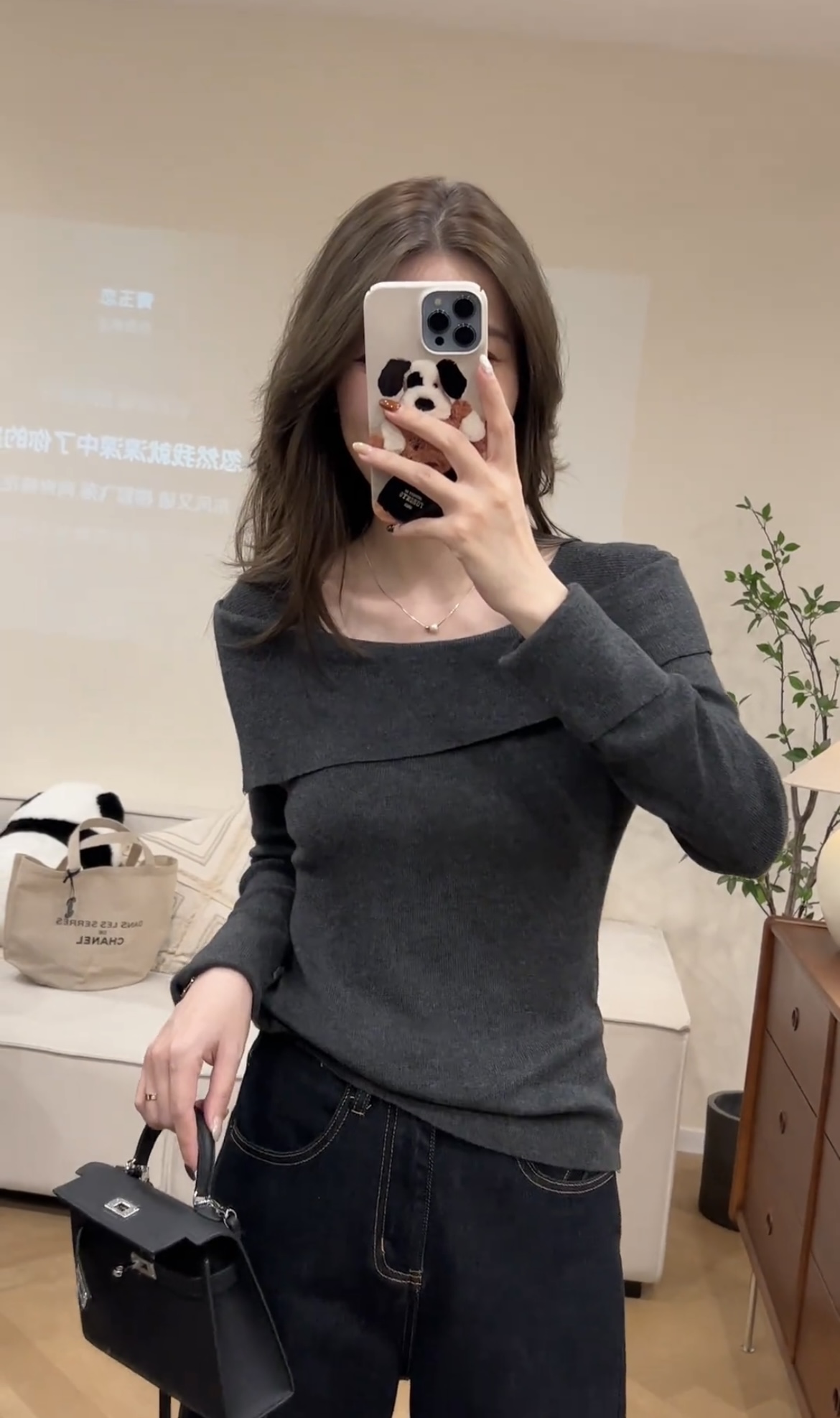 Trending Early Autumn Irregular Lapel Long Sleeve Top and Straight Jeans Two-Piece Set - Image 2