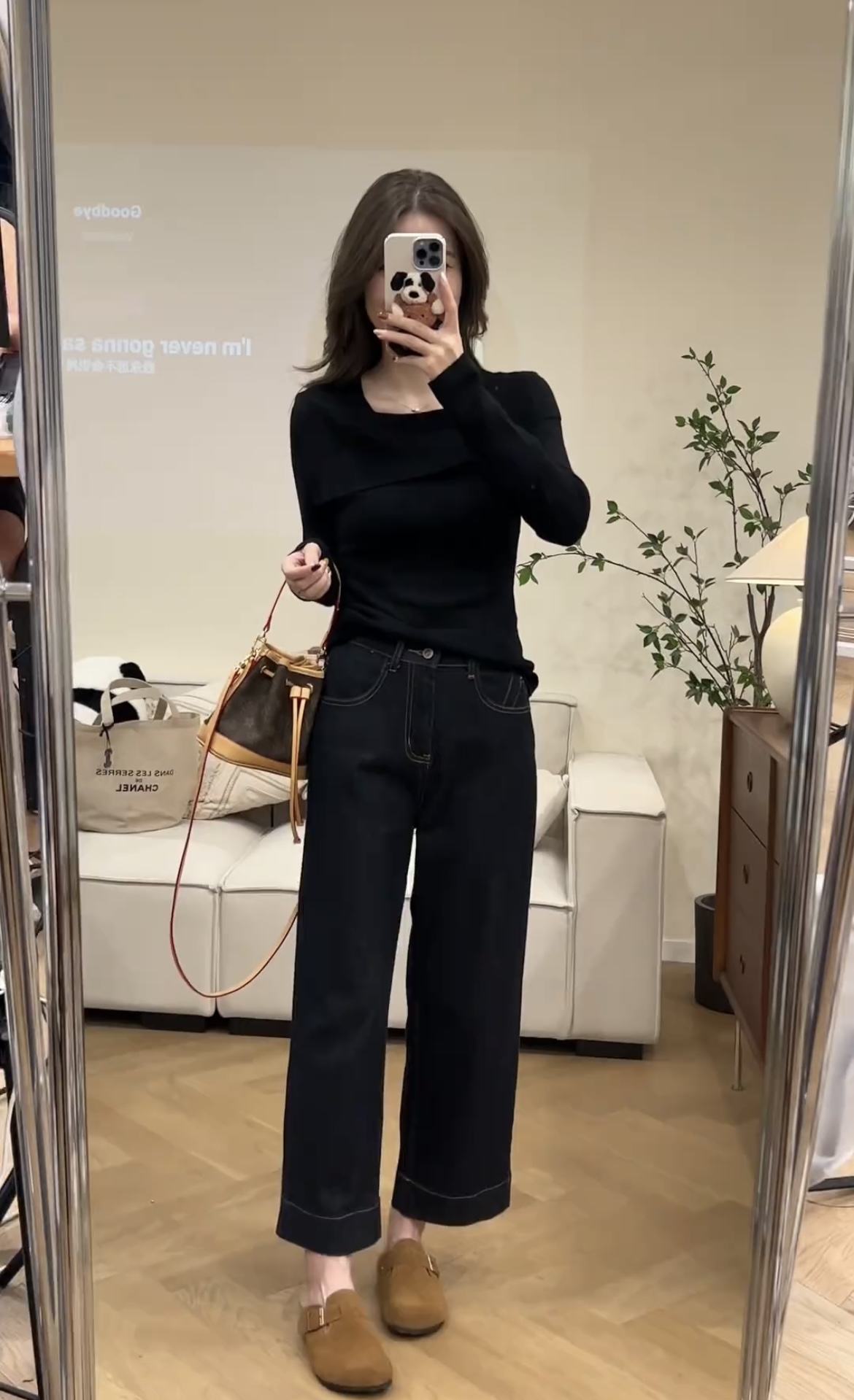 Trending Early Autumn Irregular Lapel Long Sleeve Top and Straight Jeans Two-Piece Set - Image 3
