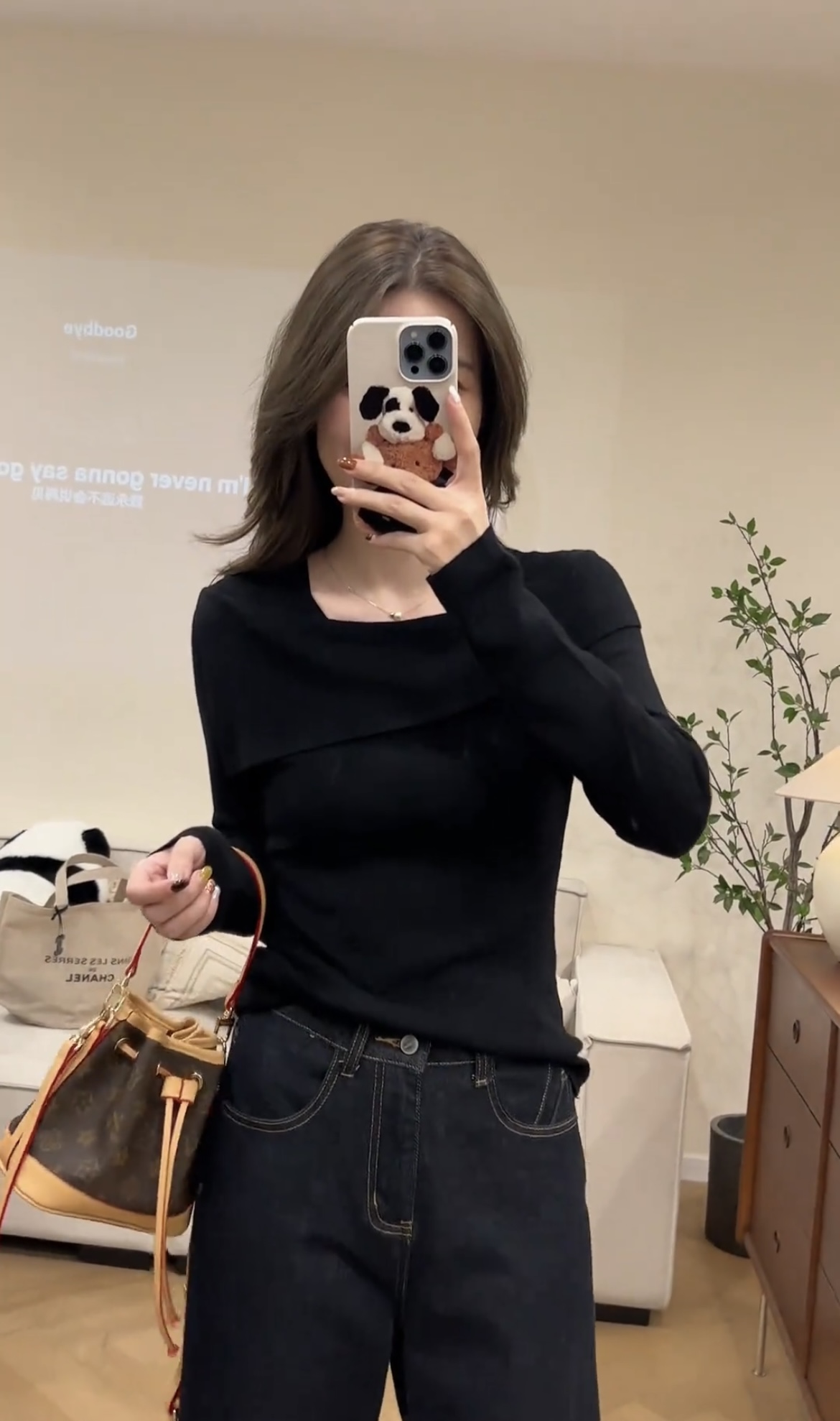 Trending Early Autumn Irregular Lapel Long Sleeve Top and Straight Jeans Two-Piece Set - Image 4