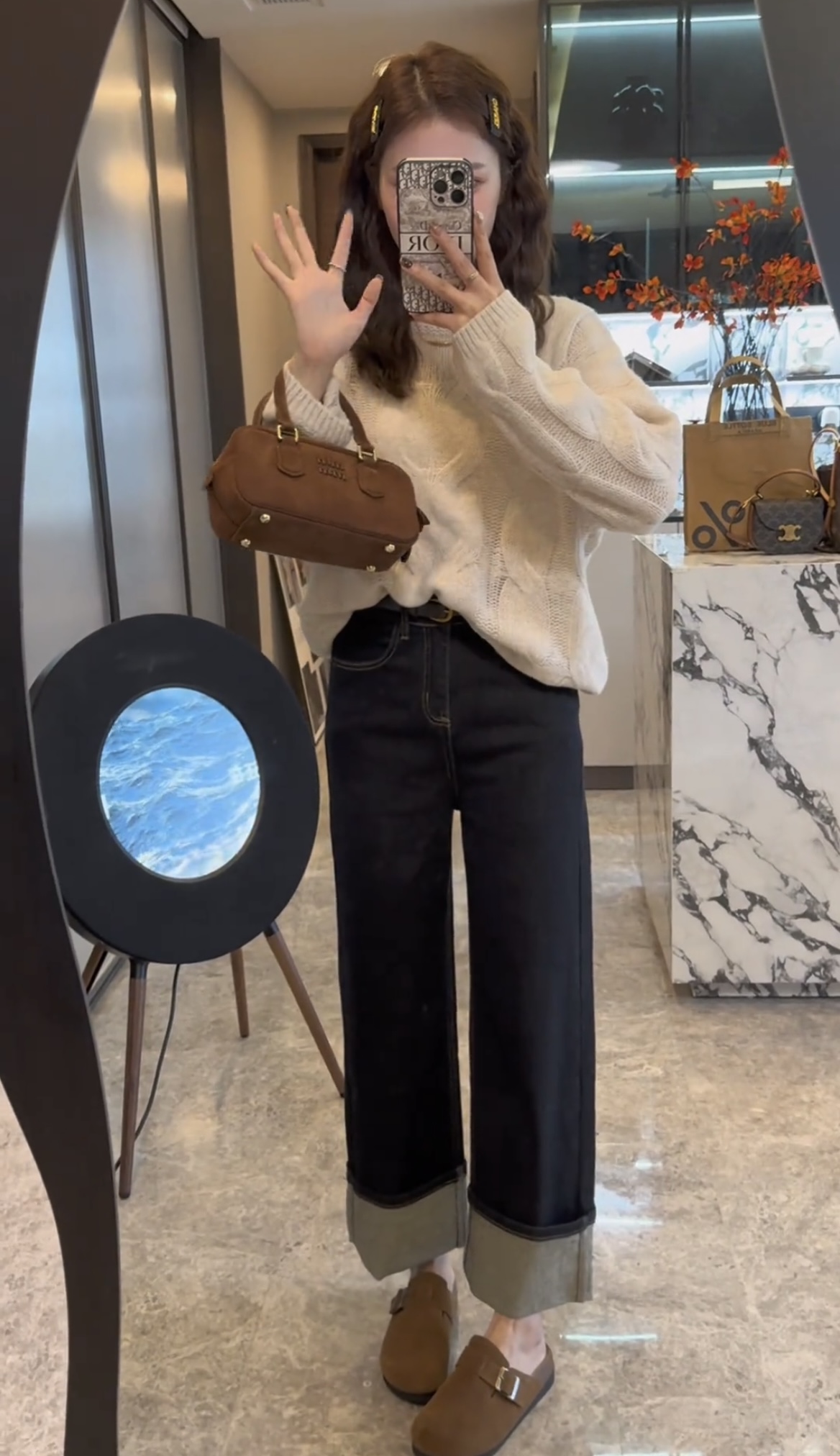 Lazy Style Autumn Winter Solid Color Round Neck Cable Knit Sweater Pullover Long Sleeve Top with Jeans Set - Image 4