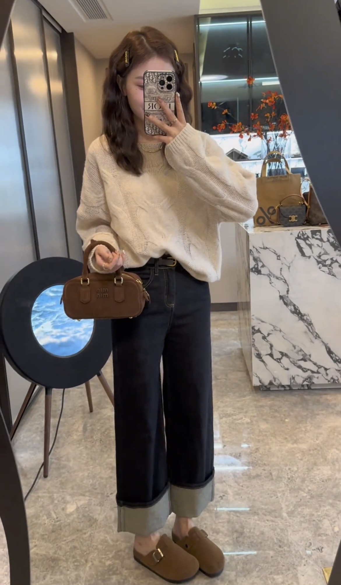 Lazy Style Autumn Winter Solid Color Round Neck Cable Knit Sweater Pullover Long Sleeve Top with Jeans Set - Image 3