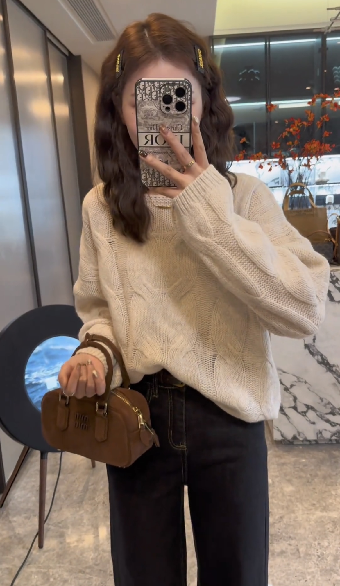 Lazy Style Autumn Winter Solid Color Round Neck Cable Knit Sweater Pullover Long Sleeve Top with Jeans Set - Image 2