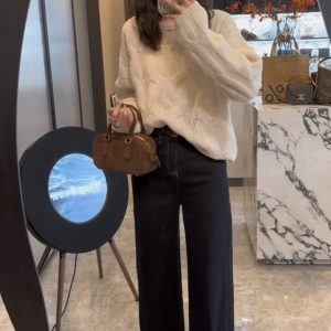 Lazy Style Autumn Winter Solid Color Round Neck Cable Knit Sweater Pullover Long Sleeve Top with Jeans Set