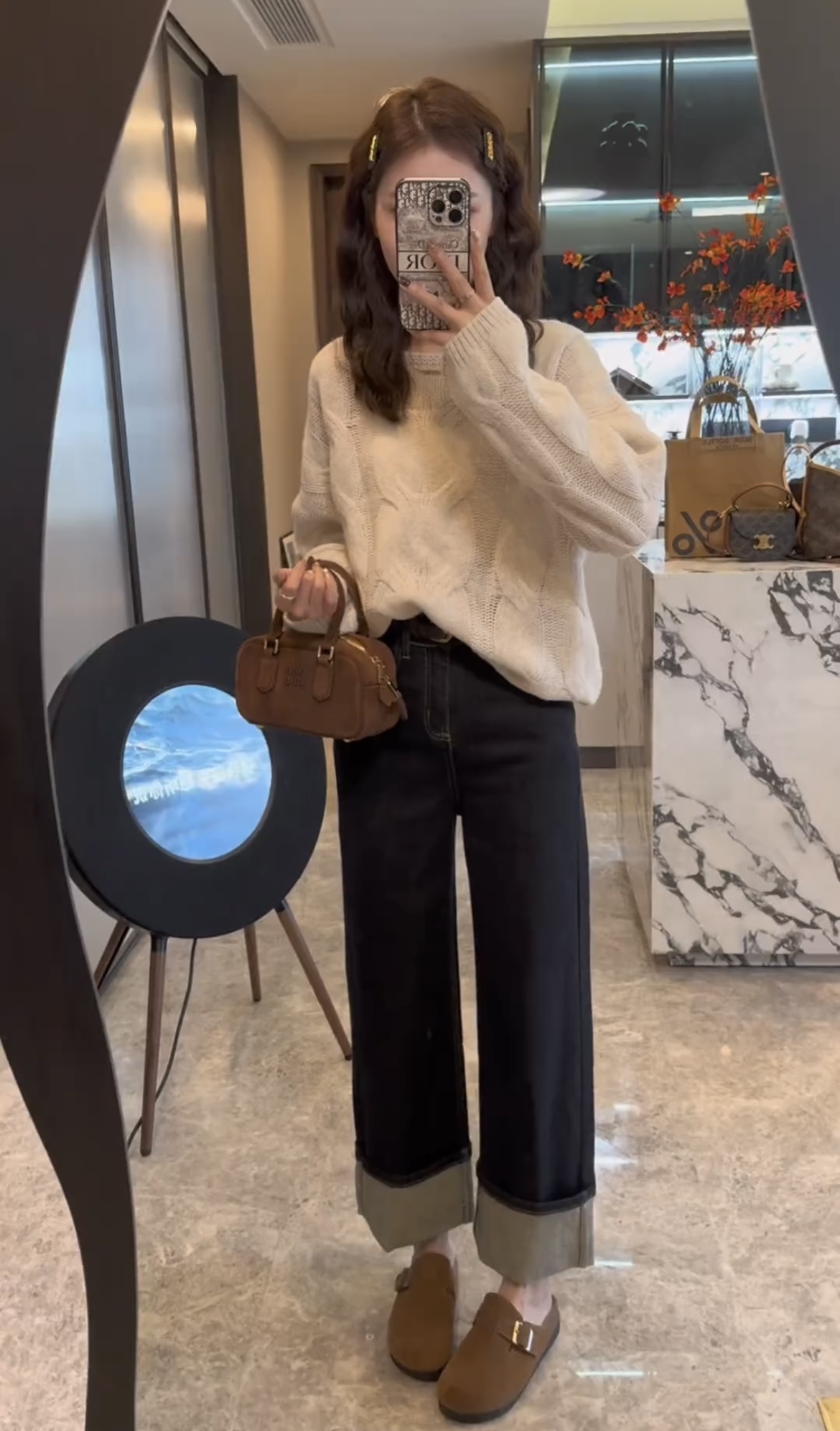 Lazy Style Autumn Winter Solid Color Round Neck Cable Knit Sweater Pullover Long Sleeve Top with Jeans Set