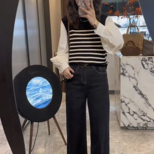 Early Autumn Korean Style Color Block Faux Two Piece Long Sleeve Top and Jeans Set