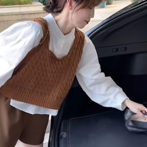 Women's White Shirt and Cable Knit Vest Set with Casual Shorts Three-Piece Set