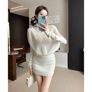 2025 Fall Korean Style Cape Knit Dress with Sleeves and Bodycon Mini Skirt Set for Women