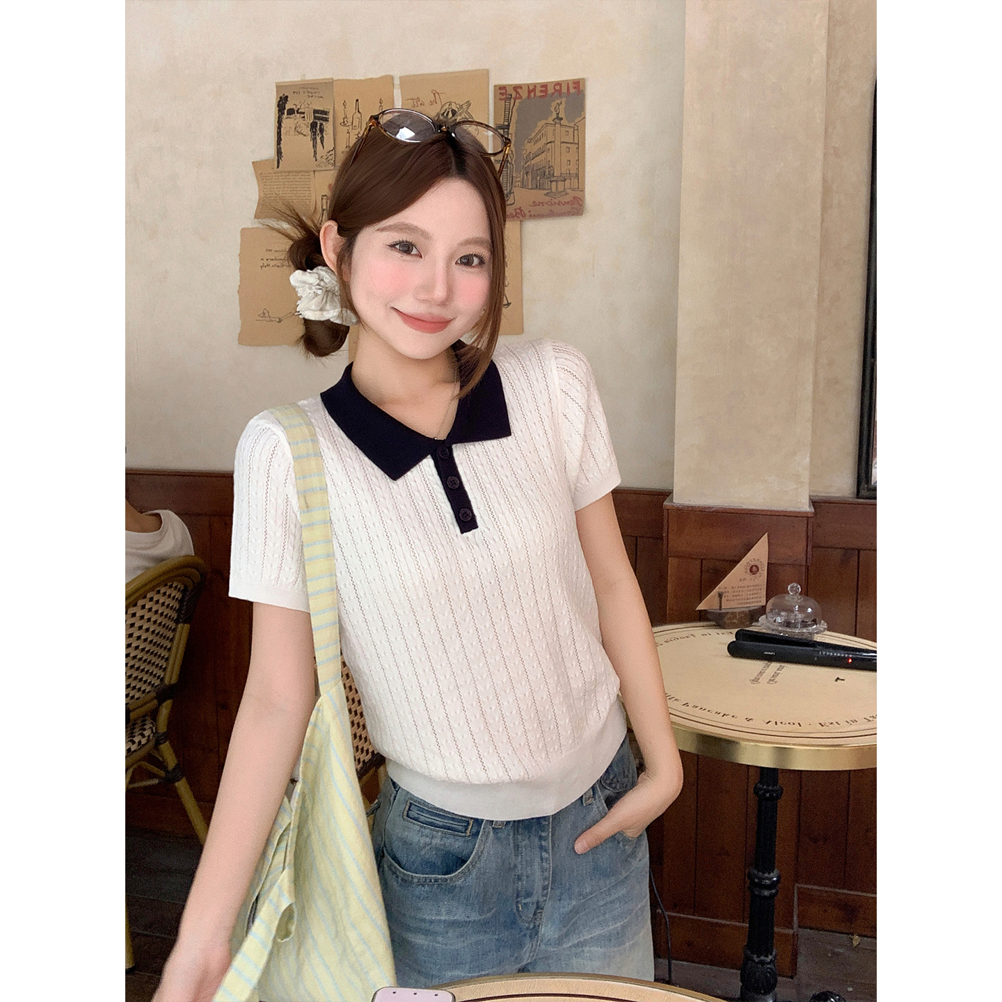 Women's Color Block Polo Neck Short Sleeve Knit Top Summer Korean Preppy Commute Slimming Versatile Shirt
