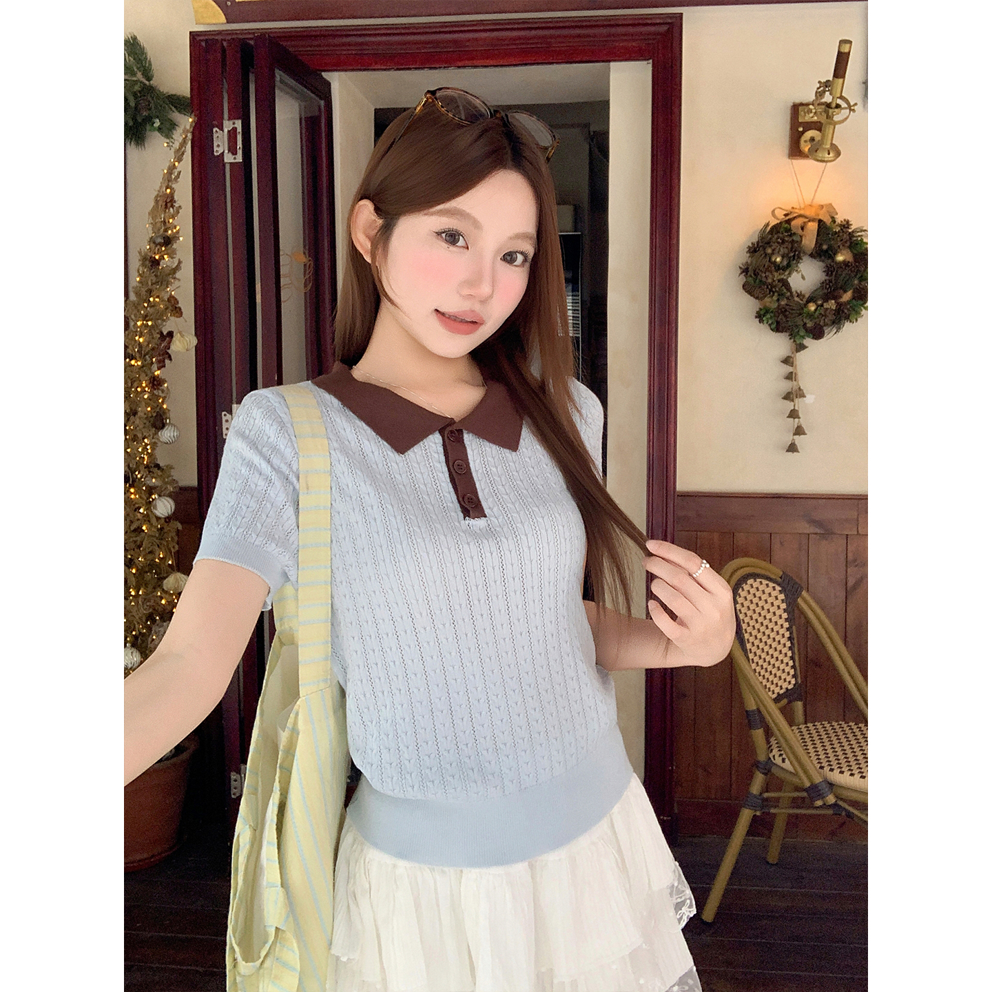 Women's Color Block Polo Neck Short Sleeve Knit Top Summer Korean Preppy Commute Slimming Versatile Shirt - Image 2