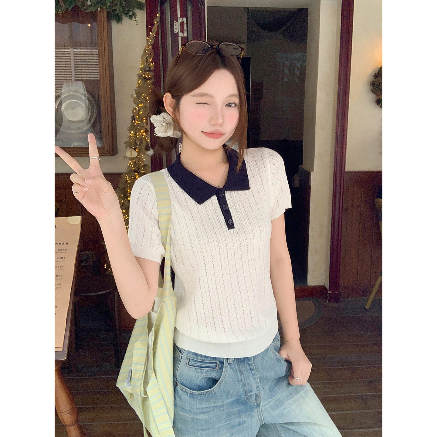 Women's Color Block Polo Neck Short Sleeve Knit Top Summer Korean Preppy Commute Slimming Versatile Shirt - Image 5