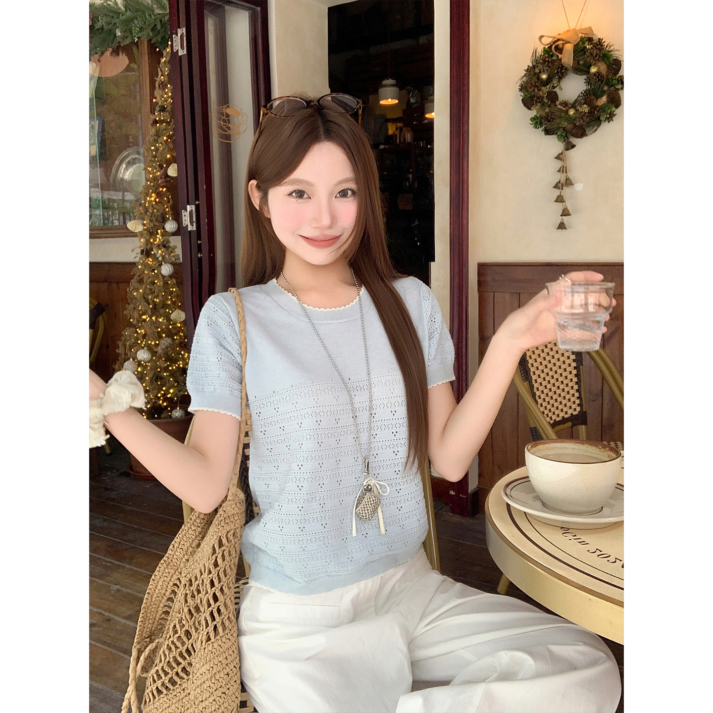 Women's Openwork Short Sleeve Knit Top Summer Colorblock Trim Round Neck Slimming Versatile Pullover - Image 2