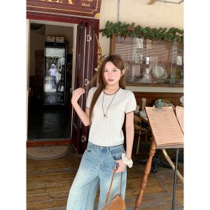 Women's Openwork Short Sleeve Knit Top Summer Colorblock Trim Round Neck Slimming Versatile Pullover