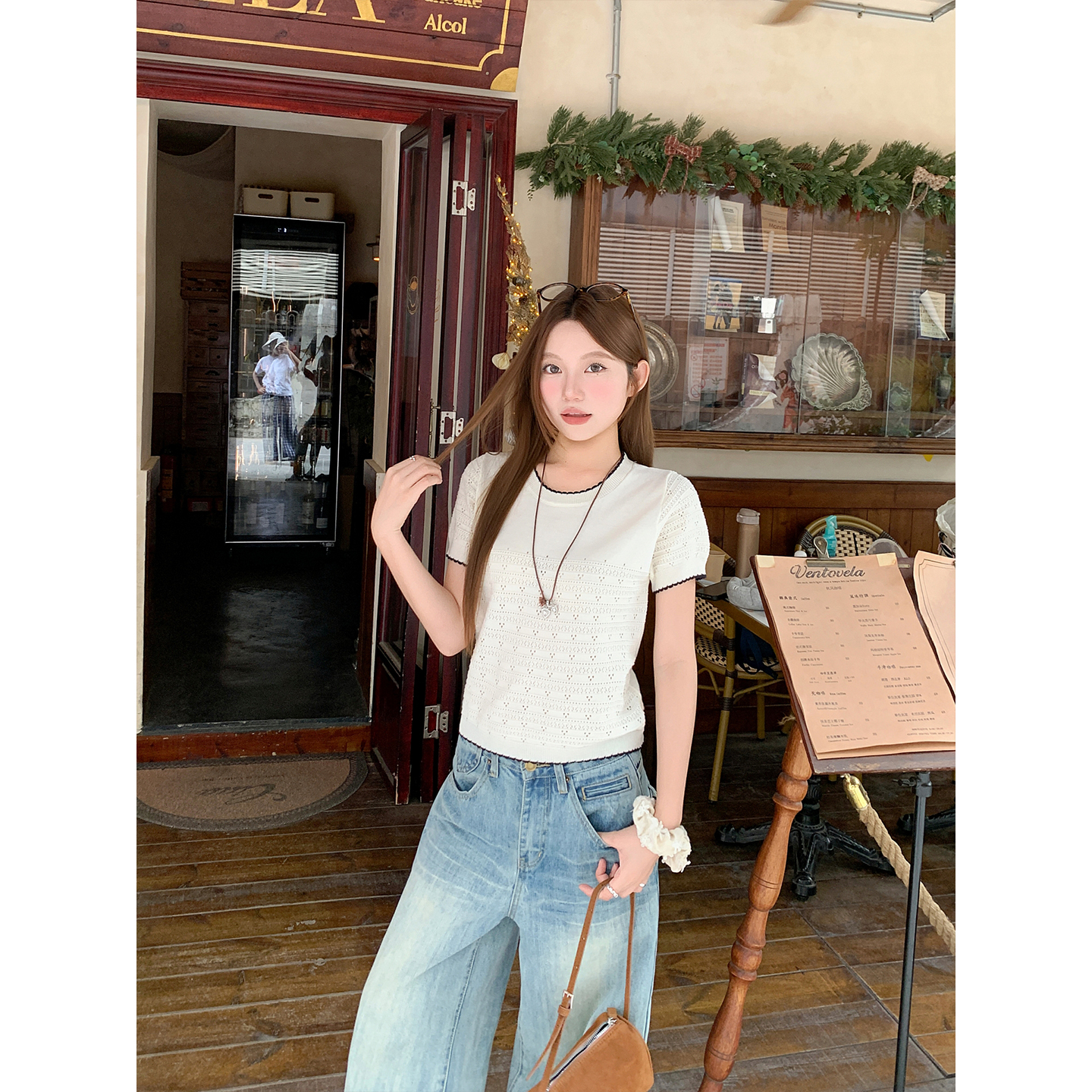 Women's Openwork Short Sleeve Knit Top Summer Colorblock Trim Round Neck Slimming Versatile Pullover