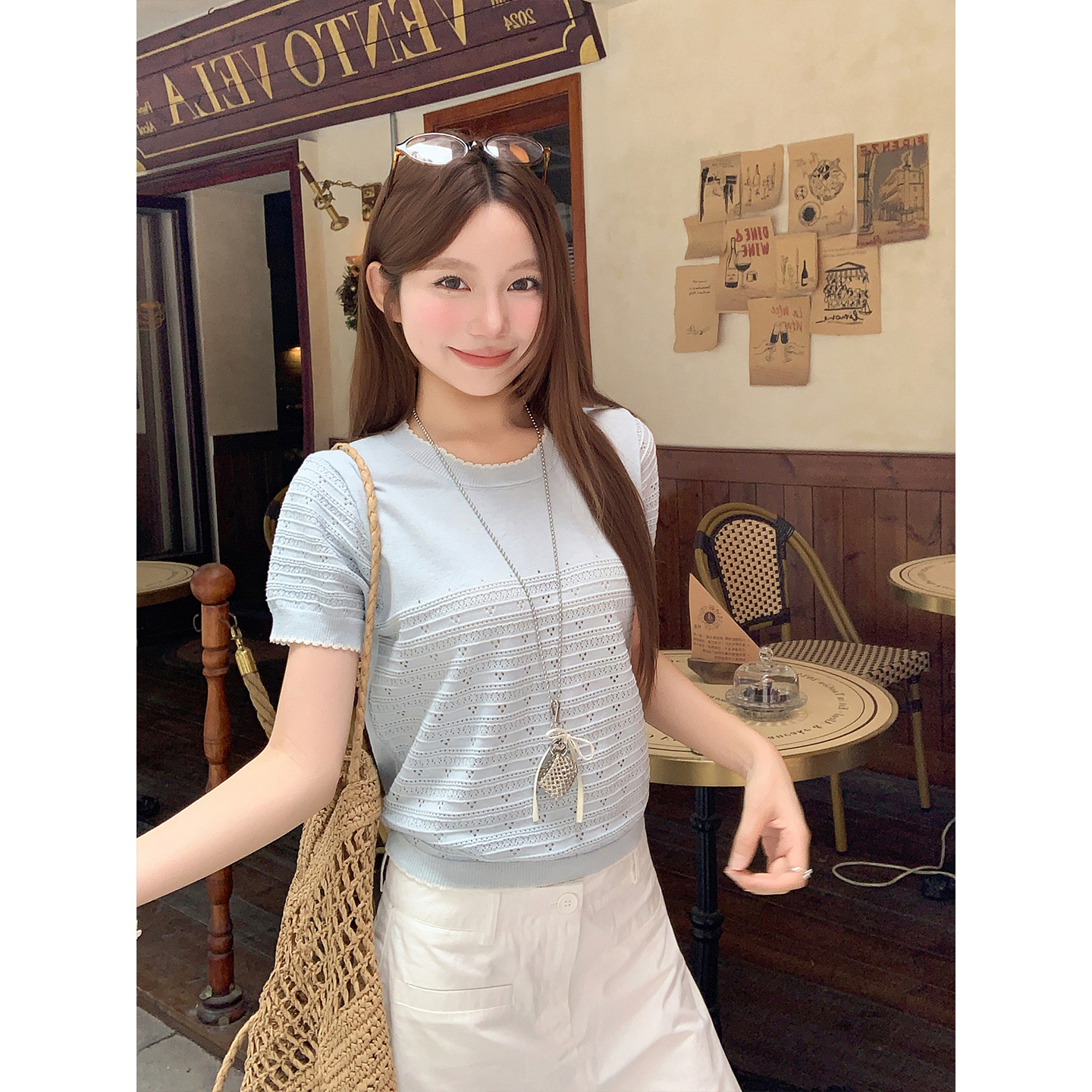 Women's Openwork Short Sleeve Knit Top Summer Colorblock Trim Round Neck Slimming Versatile Pullover - Image 4