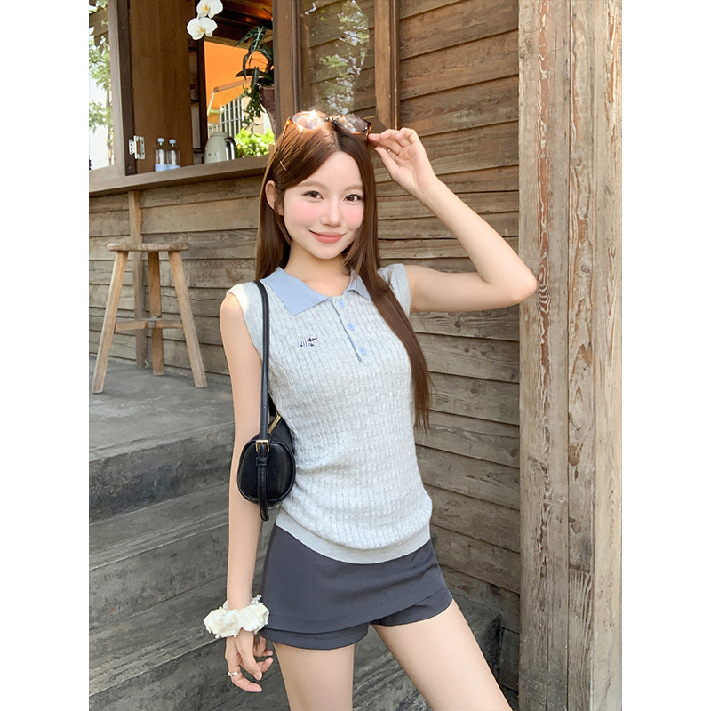 Women's Color Block Embroidered Knit Vest Sleeveless Top Summer Korean Style - Image 3