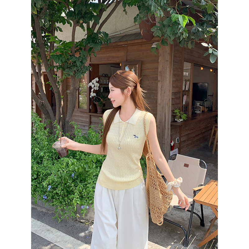 Preppy Grey Blue Color Block Polo Knit Vest Women Summer Sleeveless Top - Image 2
