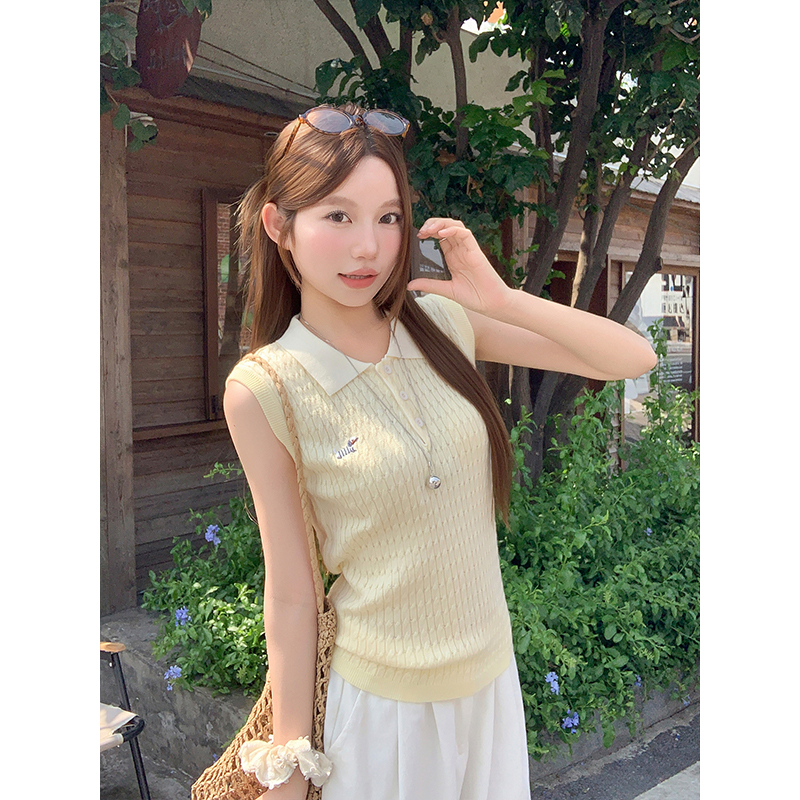 Preppy Grey Blue Color Block Polo Knit Vest Women Summer Sleeveless Top - Image 3