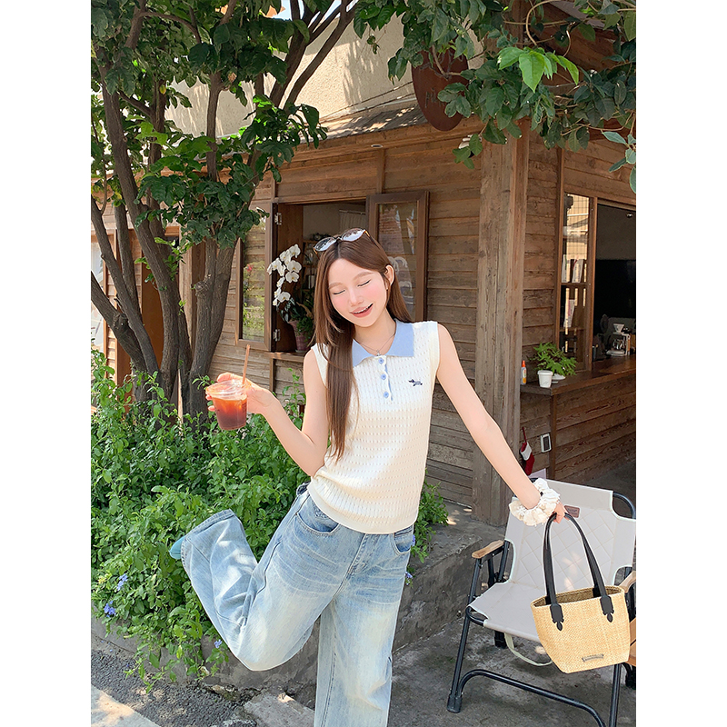 Preppy Grey Blue Color Block Polo Knit Vest Women Summer Sleeveless Top - Image 4
