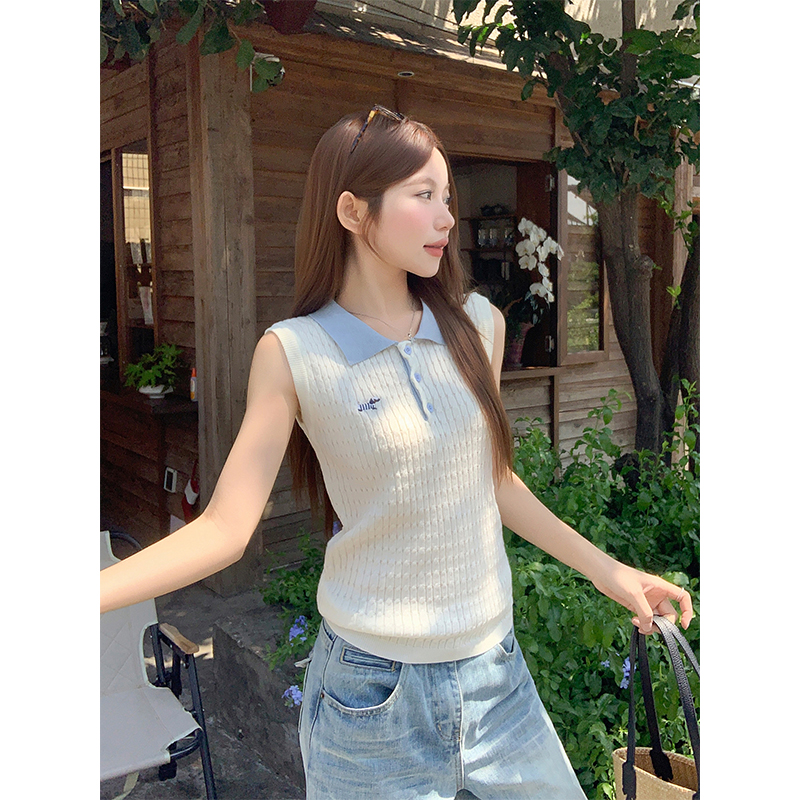 Preppy Grey Blue Color Block Polo Knit Vest Women Summer Sleeveless Top - Image 5
