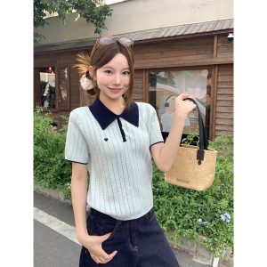 Preppy Color Block Polo Neck Short Sleeve Knit Top for Women Summer New Fashionable Age Reducing Slimming Breathable Versatile Shirt