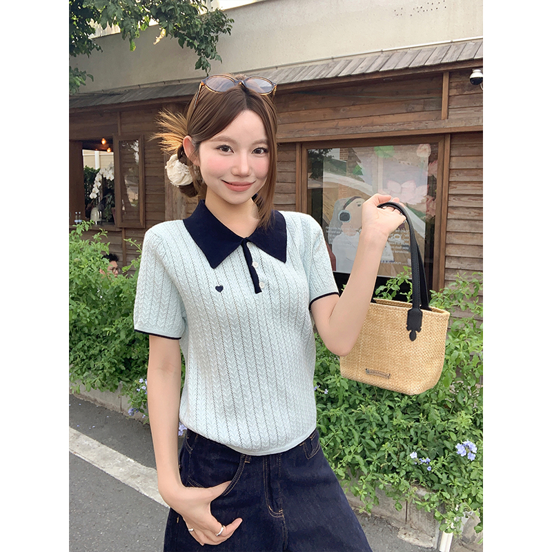 Preppy Color Block Polo Neck Short Sleeve Knit Top for Women Summer New Fashionable Age Reducing Slimming Breathable Versatile Shirt