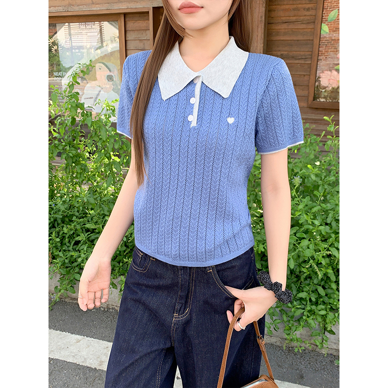 Preppy Color Block Polo Neck Short Sleeve Knit Top for Women Summer New Fashionable Age Reducing Slimming Breathable Versatile Shirt - Image 4