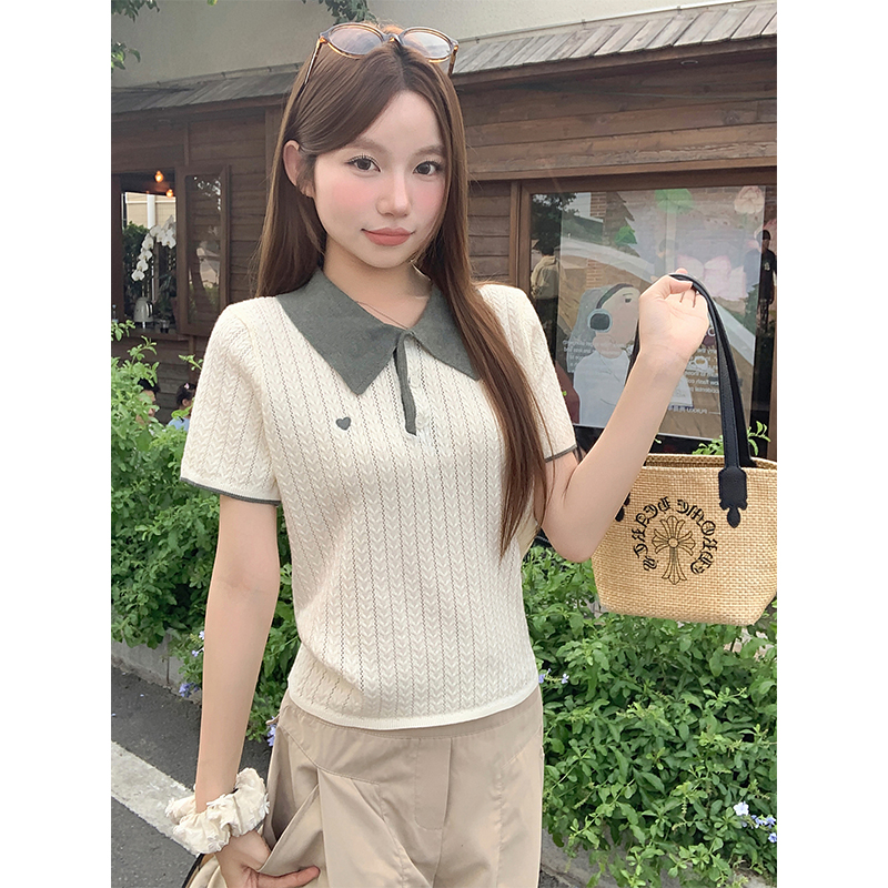 Preppy Color Block Polo Neck Short Sleeve Knit Top for Women Summer New Fashionable Age Reducing Slimming Breathable Versatile Shirt - Image 5