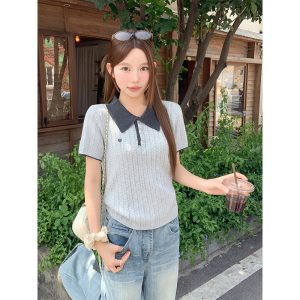 Women's Colorblock Polo Neck Knit Sweater with Heart Embroidery Slimming Summer Top