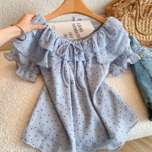 Summer Polka Dot Ruffle Off-Shoulder Two-Way Short Sleeve Chiffon Blouse