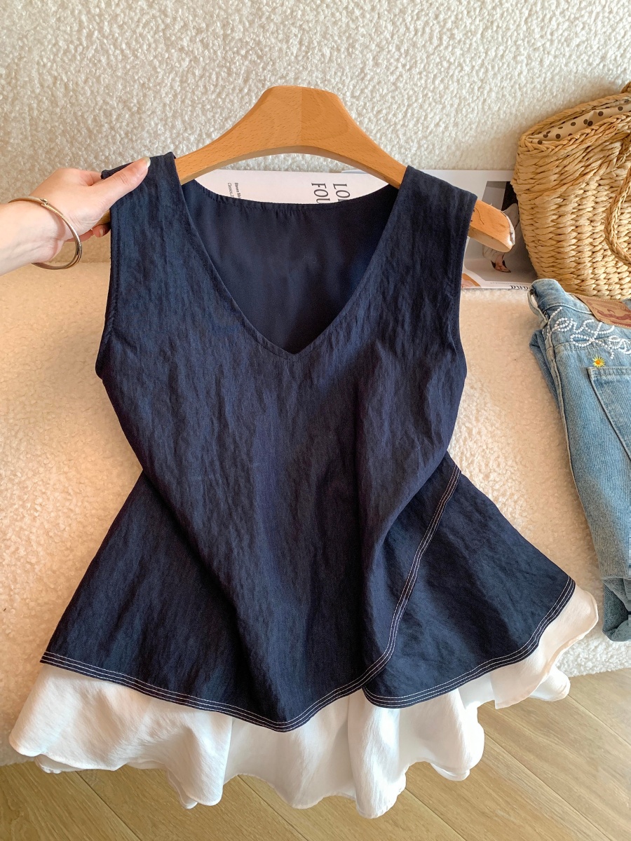 Women's Color Block V-Neck Sleeveless Shirt with Asymmetrical Ruffle Hem