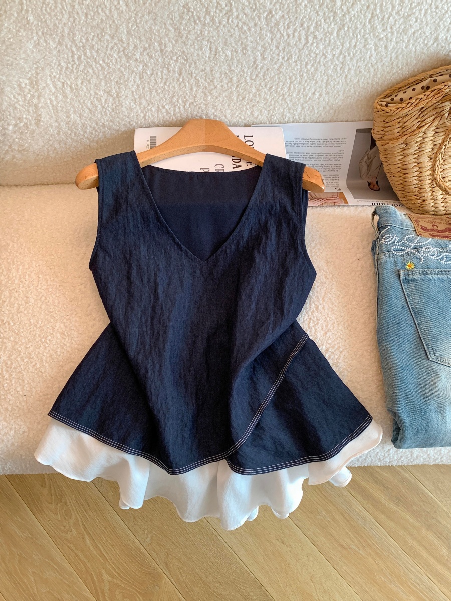 Women's Color Block V-Neck Sleeveless Shirt with Asymmetrical Ruffle Hem - Image 2